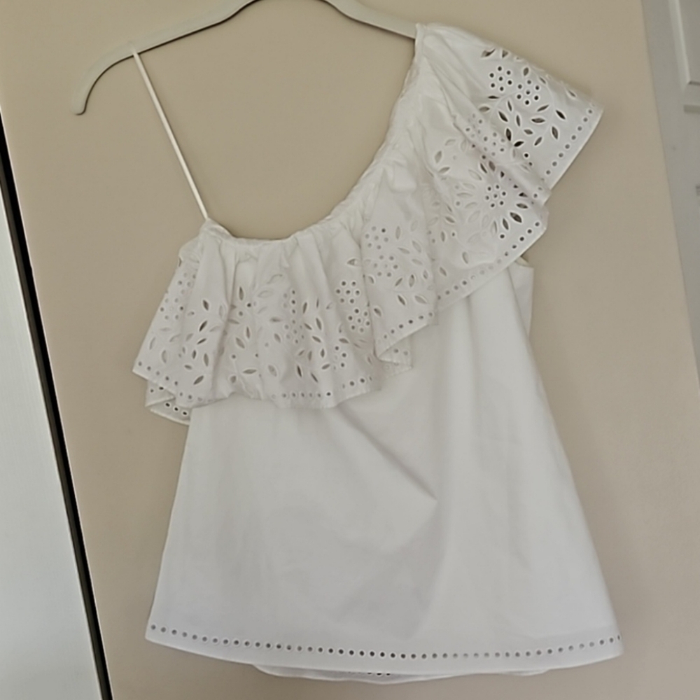 PARKER Maple One Shoulder Blouse Eyelet Lace Ruffle Lined Cotton White Sm NWT